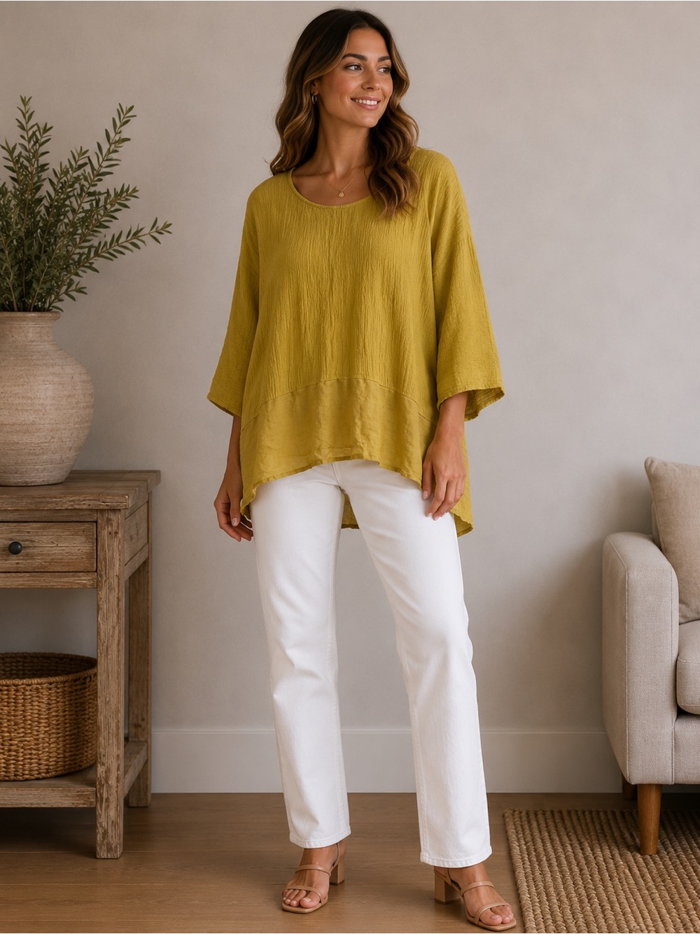 Joie Linen Blend Gauze Tunic Lagenlook Coastal Boho Scandi Mustard Yellow 3X
